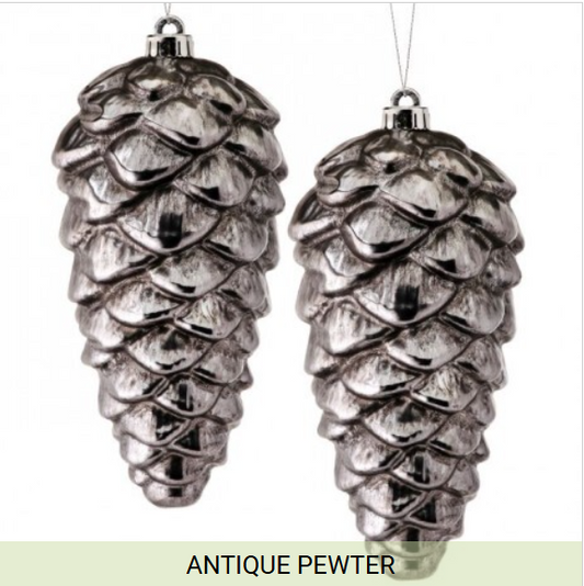 10" Pair of Metallic Pine Cone Ornaments, Antique Pewter