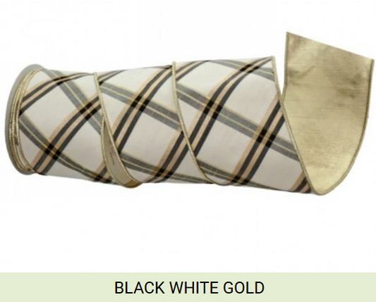4" x 10 Yds Plaid Dupion Stripe Ribbon, Gold, White, Black