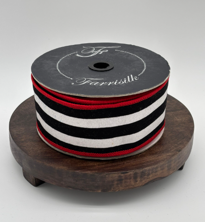 Farrisilk 2.5" x 10 Yds Black/White, Red Backing Wired Ribbon