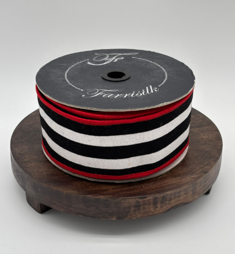 Farrisilk 2.5" x 10 Yds Black/White, Red Backing Wired Ribbon
