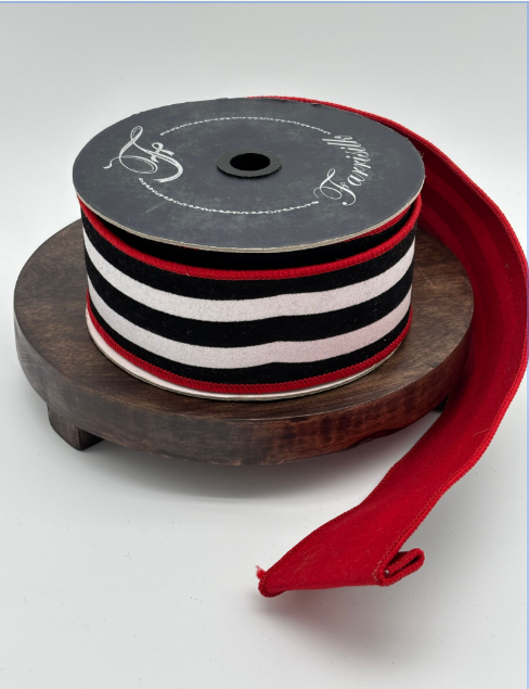 Farrisilk 2.5" x 10 Yds Black/White, Red Backing Wired Ribbon