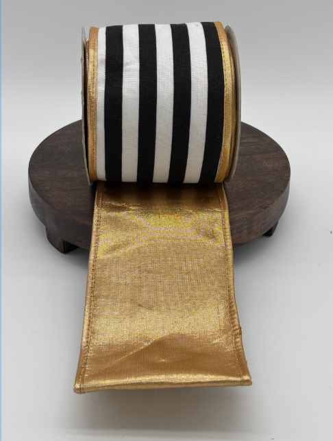 Farrisilk 4" x 10 Yds Vertical Stripe Ribbon Blk/White Reversible Gold