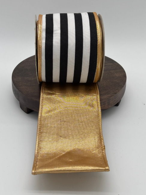 4" Vertical Stripe Ribbon Blk/White Reversible Gold, 10yds