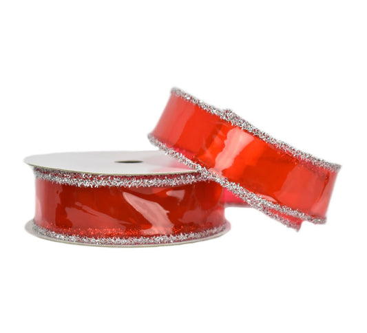 1.5" PVC Wired Ribbon, Red with Silver Tinsel Edge