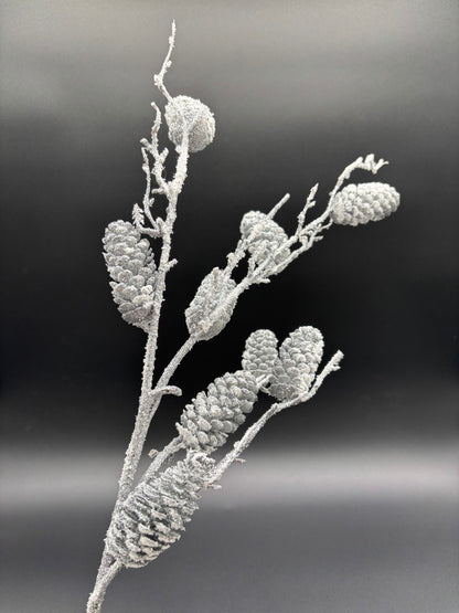 36" Snowy Pinecone Spray, White