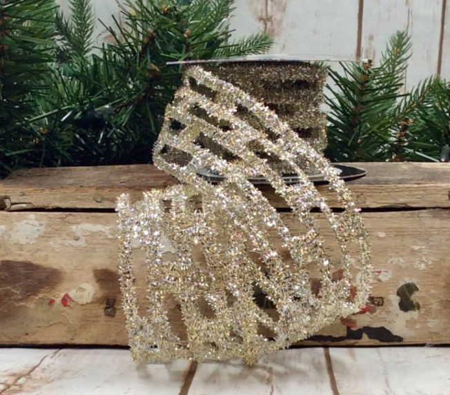 dstevens 2.5" x 10 Yds Tinsel Link Stretch Wired Ribbon, Platinum