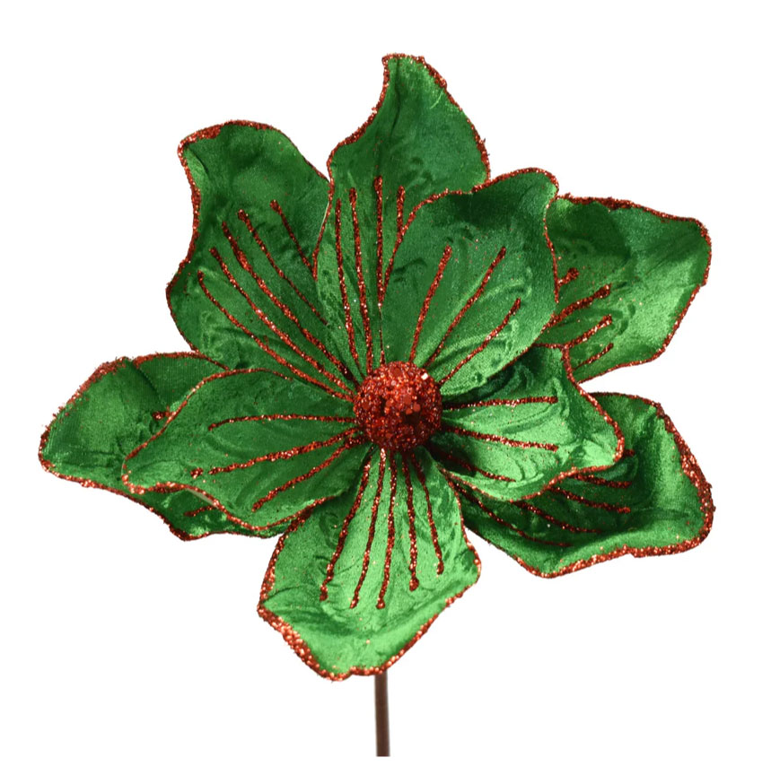 24" Whimsical Velvet Magnoliawith Veins, Deep Green/Red