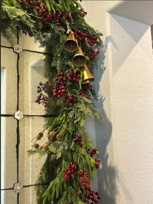 Faux Norfolk Garland with Berry Garlands and Triangle-Shaped Bells