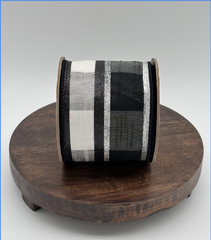 dstevens 3.5" Buffalo Check Dupion Wired Ribbon, Glitter Black/Silver
