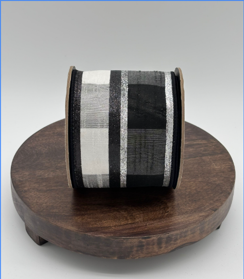 dstevens 3.5" Buffalo Check Dupion Wired Ribbon, Glitter Black/Silver
