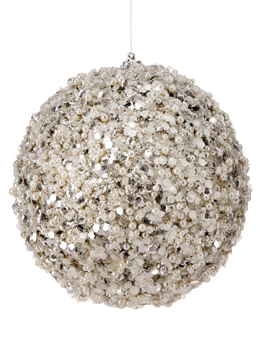 6" Glitter with Pearl Patterned Ball Ornament, Silver