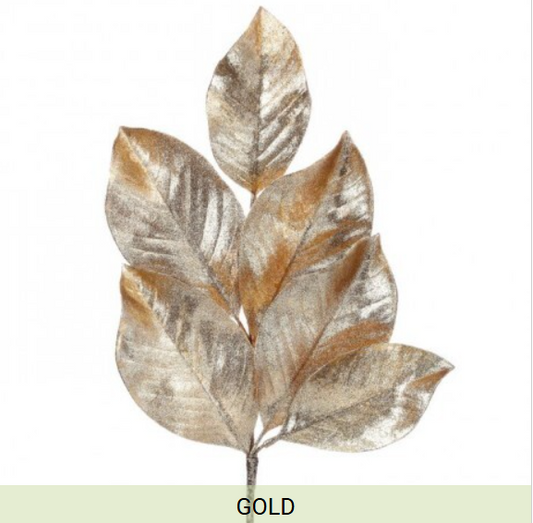 19.5" Glitter Magnolia Leaf Spray, Gold